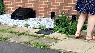 Stiefmutter liefert ein Paket ohne Unterwäsche unter ihrem Minirock aus