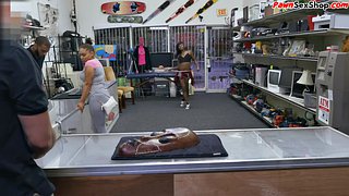 Tattooed ebony pawn publicly fucked in pussy at pawnshop