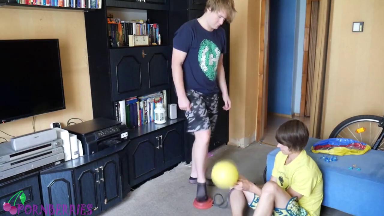 Skinny Twink in Black Socks Inflates Balloons with Footjob