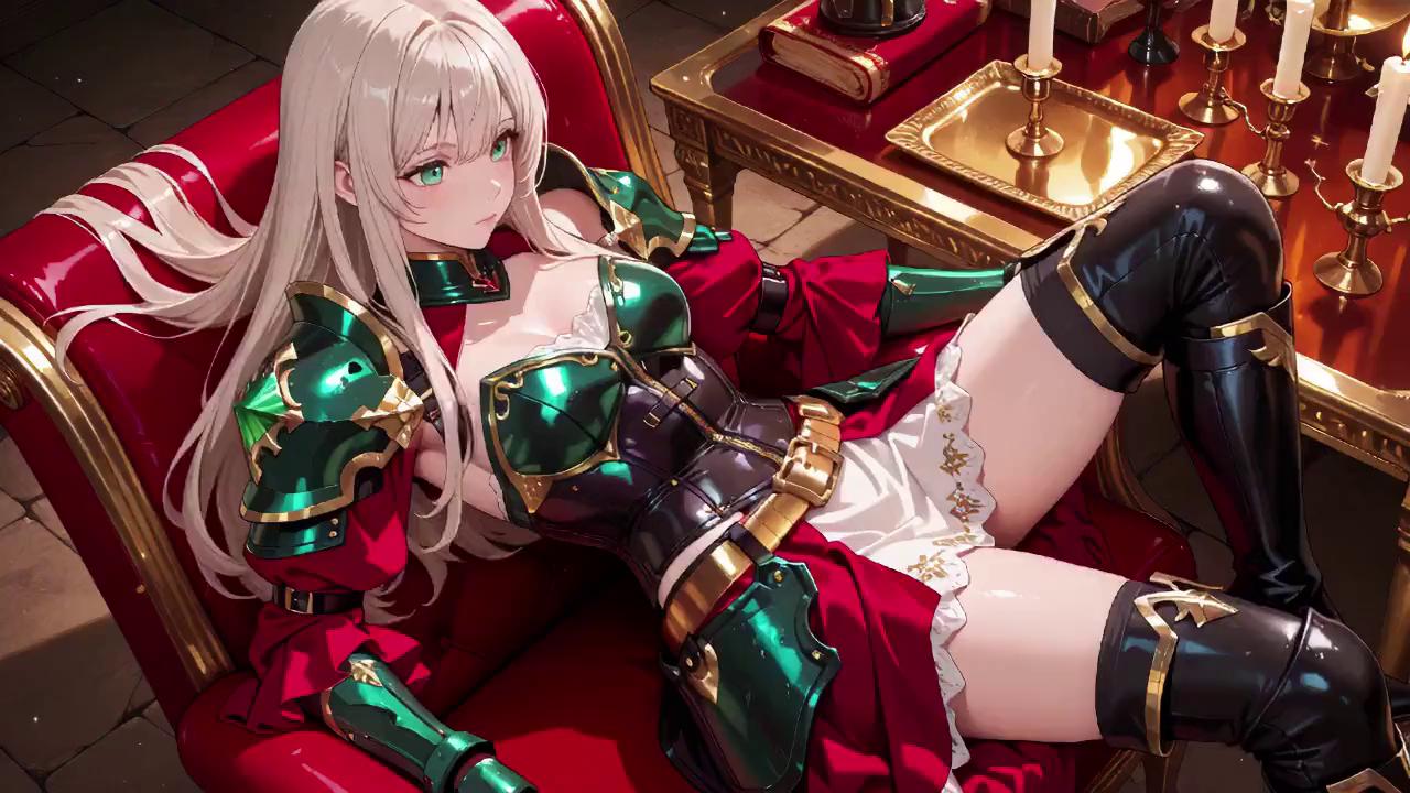 Blonde Hentai Knight Lounges Teasingly in Red and Green Armor as Her Silver Haired Partner Kneels to