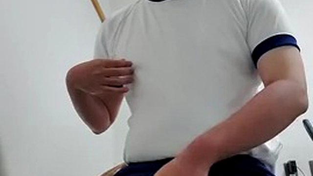 Chubby Japanese boy in PE uniform masturbates in his underwear