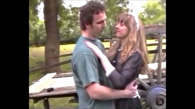French maid in stockings fucks on a farm with huge cumshot