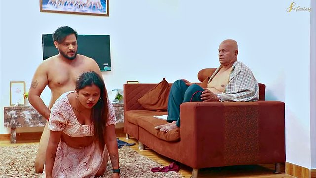 Two Horny Wives Are Fucked Hard by the Husband in Front of the Father-in-law