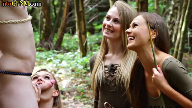 PURE CFNM HD Femdom CFNM babes suck and jerk off bondage guy outdoor