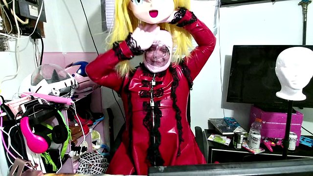 Kigurumi in latex, sissy maid breath play and vibrator