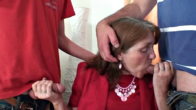 Office granny double penetrated by two studs