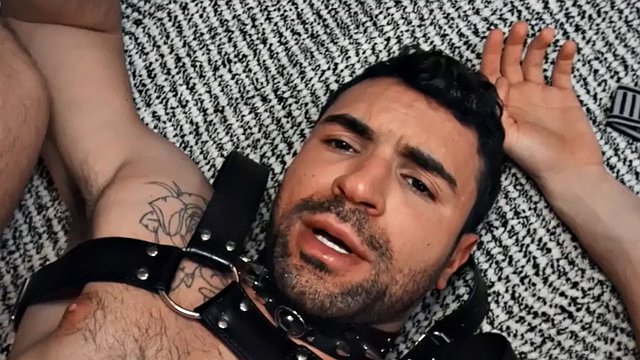 Hairy gay in leather harness bareback pov close up