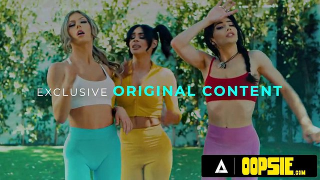 OOPSIE - Naughty shemales Ariel Demure and Erica Cherry take off Summer Hart's yoga pants to give her a double penetration
