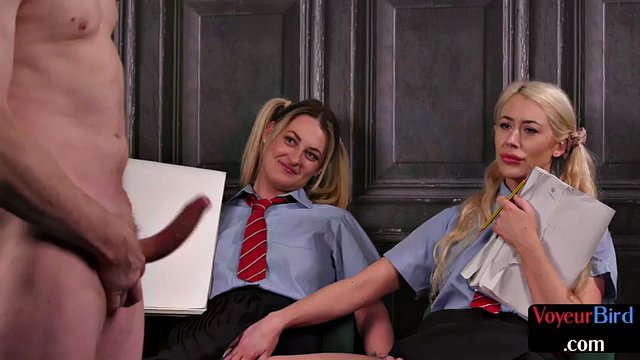 CFNM college uniform voyeurs teasing man who jerks off his cock