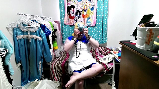 Shiny PVC Cosplay Sissy Lillie Gagged Breathplay Stinky Socks Vibrator
