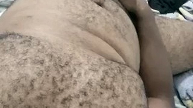 Naked boy in bed ready to cum, big hairy man with big cock touching himself stroking his big black cock, handsome and hot