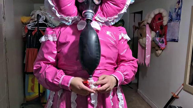 Pink PVC Sissy Bonnet Dress, Gasmask Fun with Breathing bag and Bubbler Bottle