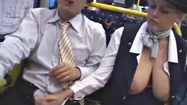 busty stewardess public handjob on the bus