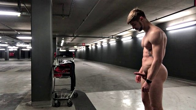 German boy dude public parking garage naked outdoor cum jerk off masturbation small dick dick big muscle athletic young