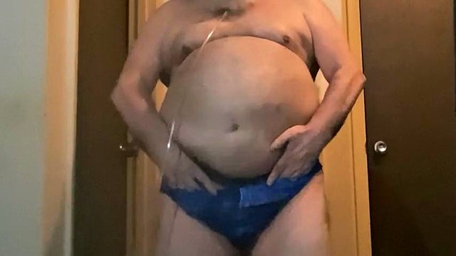 Ep 008 Grandpa Karr strips off his blue jean swim wear and jacks off his small cock while talking dirty, no cum