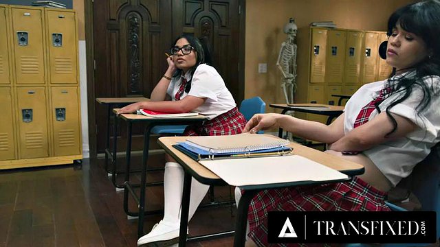 TRANSFIXED - Two Naughty Students In Detention Get Punished Well By Her Hot Trans Teacher TS Foxxy