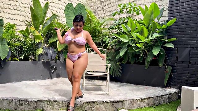 Curvy teen slut cheats on her boyfriend with a stranger with a big cock in the resort courtyard