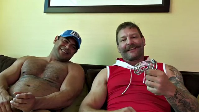 Buff bears tugging their bigcocks together on couch