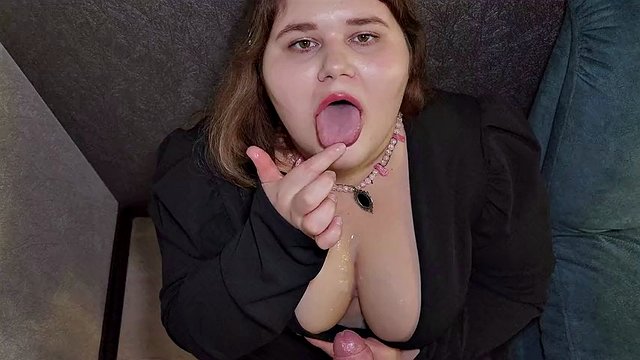 Dad cums on sexy BBW goddess's big tits in a dress