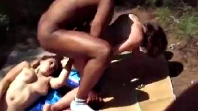 horny husband films his horny cougar wife & her sexy, slutty female friend outside by the park sucking & fucking lucky masked stranger s huge hard BBC on camera: Porn