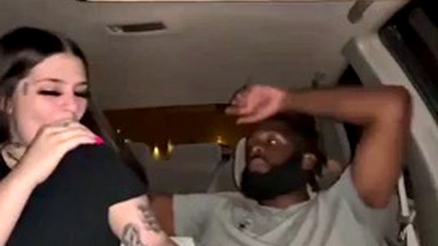 white slut sucks bbc in public