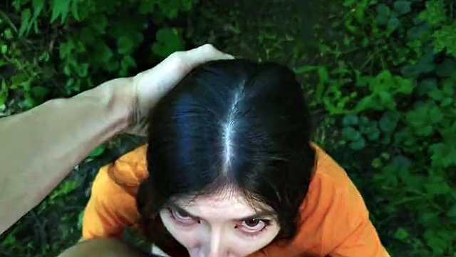 A hungry girl on a walk in the forest took a guy to the bushes to feed her with fresh cum