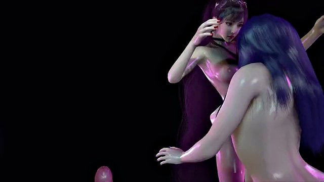 3D 4K Duas vadias de peitos grandes asiáticas nuas, seus peitos enormes, provocando você para foder sua buceta