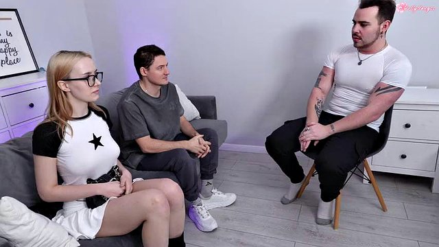 My Cute Cuckold Boyfriend Patiently Holds My Hand While the Boss Fucks Me at the Interview!