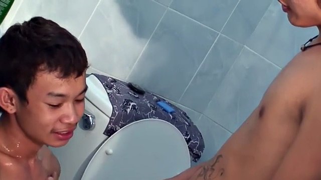 Golden pee Orient twink cums after fucking BFs analhole