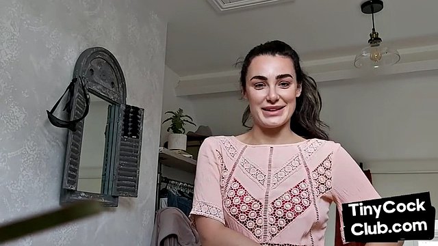 Femdom CFNM babe mocking small cock and teasing it