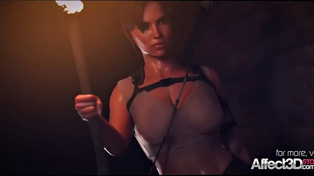 Raider Lara fait un trio dans une vieille tombe dans une animation 3D