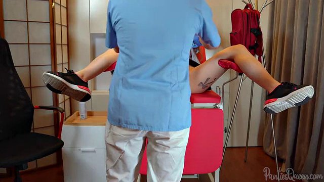 Gynecology doctor jerks off and cums on patient's panties during examination